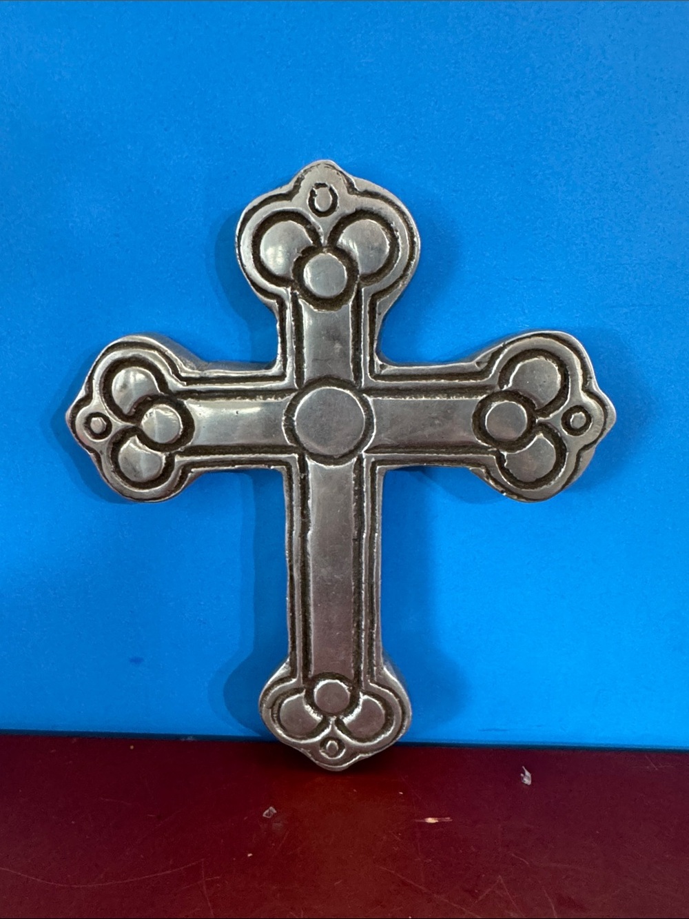 Vintage Cross Signed A La Carte Silver Tone Metal Pewter Mexican Folk Art #69